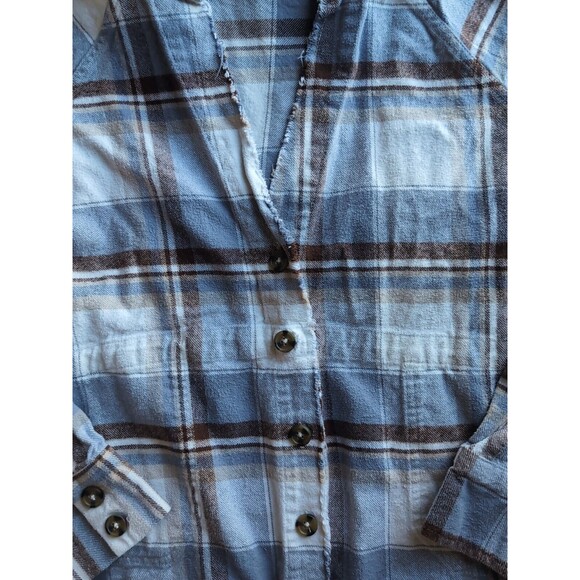 Blu Pepper Women's L Blue White Plaid Button-Up Long Sleeve Collarless Frayed - Picture 6 of 12